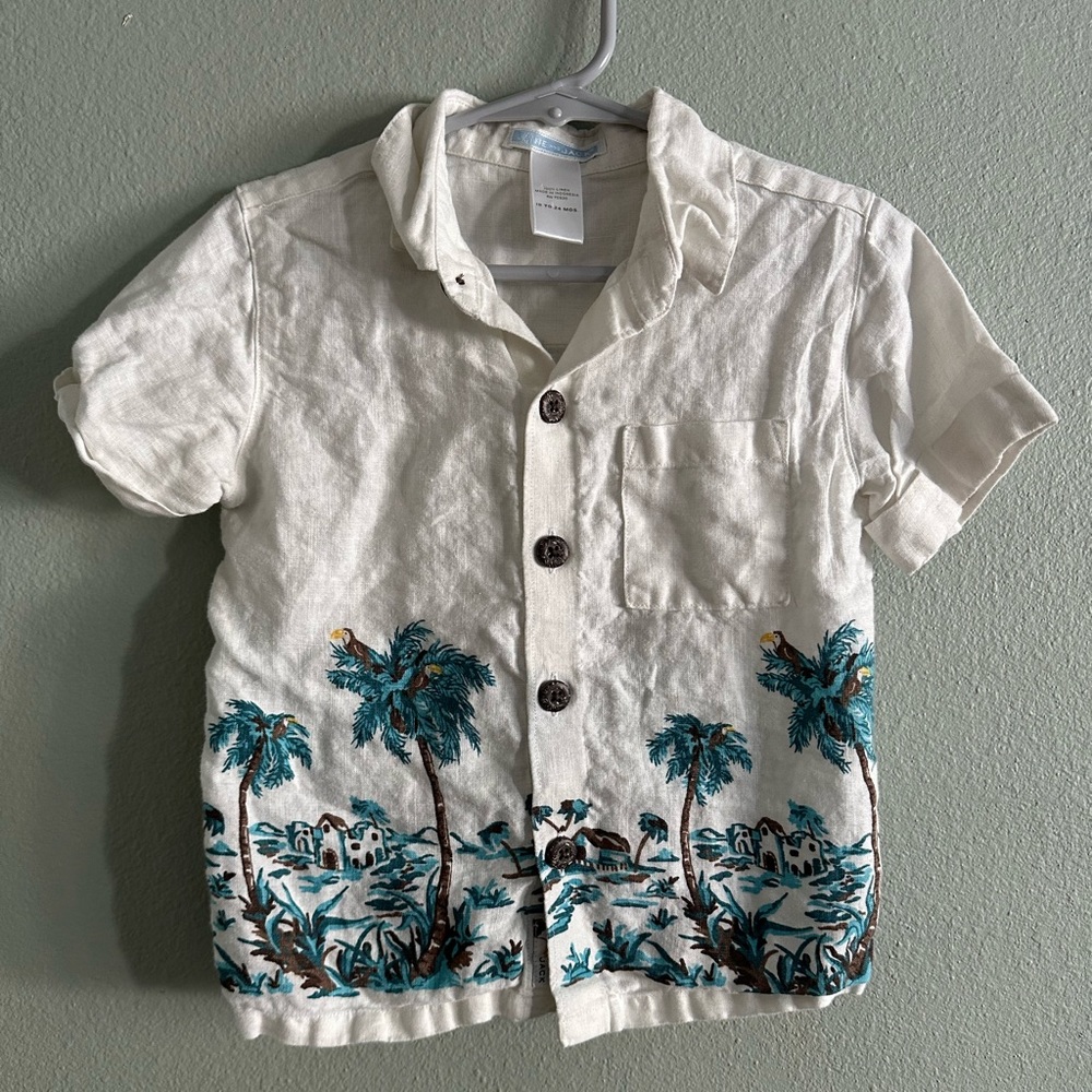 Janie and Jack Toucan Island 100% Linen Button Down Shirt 18-24 Months